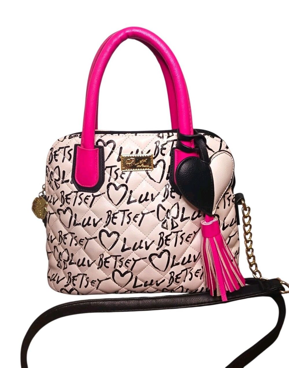 Luv Betsey Betsey Johnson Quilted Hearts Satchel Crossbody Bag White Pink Black